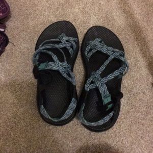 Size 5 black, blue, and green chacos